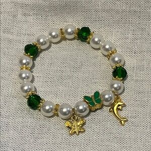 Pearl and Green Beaded Bracelet with Gold Charms